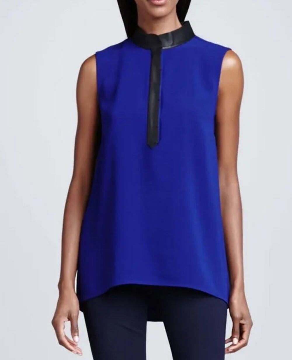 Elie TAHARI Sleeveless Blouse Colblat Blue Sz L Lamb Leather Trim Read Buttons